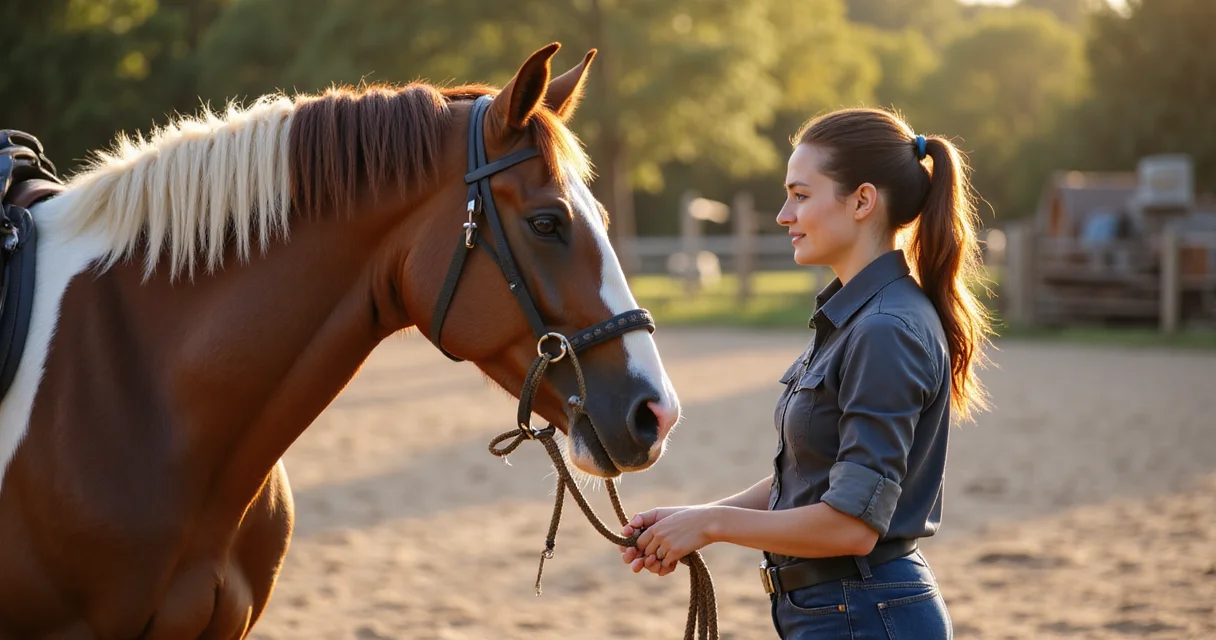 Frau arbeitet mit braunem Pferd mit weißer Blesse auf einem Außen-Paddock bei Sonnenlicht