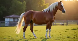 Araber Vollblut mit glänzendem kastanienbraunem Fell und weißer Blesse auf grüner Weide im Sonnenlicht