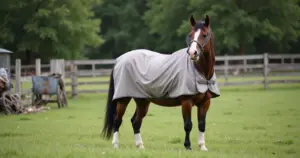 Braunes Pferd mit Fliegendecke und Maske auf grüner Weide bei Tageslicht
