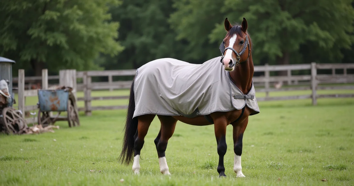 Braunes Pferd mit Fliegendecke und Maske auf grüner Weide bei Tageslicht