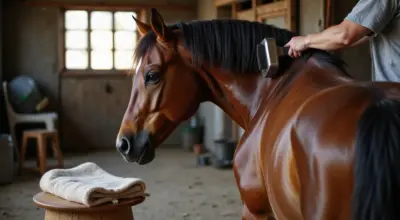 Braunes Pferd wird im Stall mit einer Bürste gepflegt und hat ein glänzendes Fell.