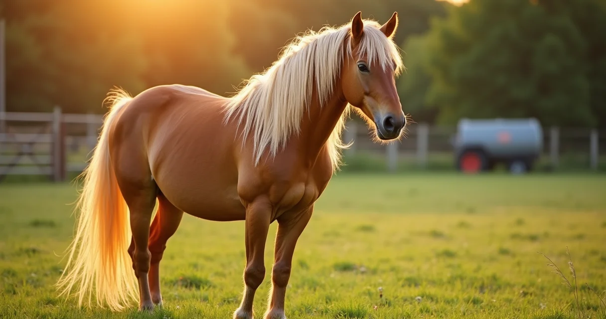 Haflinger mit heller Mähne steht auf einer grünen Weide im Sonnenlicht