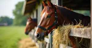 Braunes Pferd frisst Heu aus einem schwarzen Slowfeeder-Netz vor einem Holzzaun auf der Weide