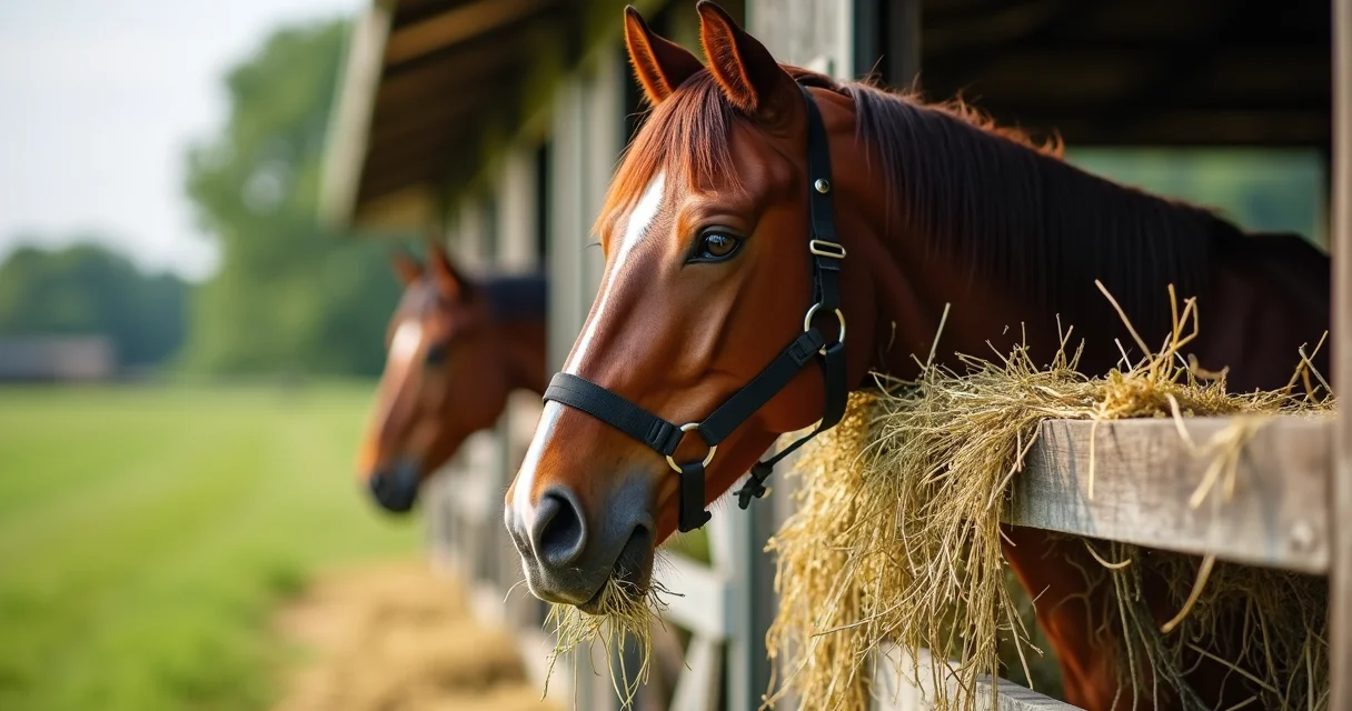 Braunes Pferd frisst Heu aus einem schwarzen Slowfeeder-Netz vor einem Holzzaun auf der Weide