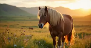 Ein Islandpferd mit dichter Mähne steht auf einer grünen Weide im Sonnenlicht.