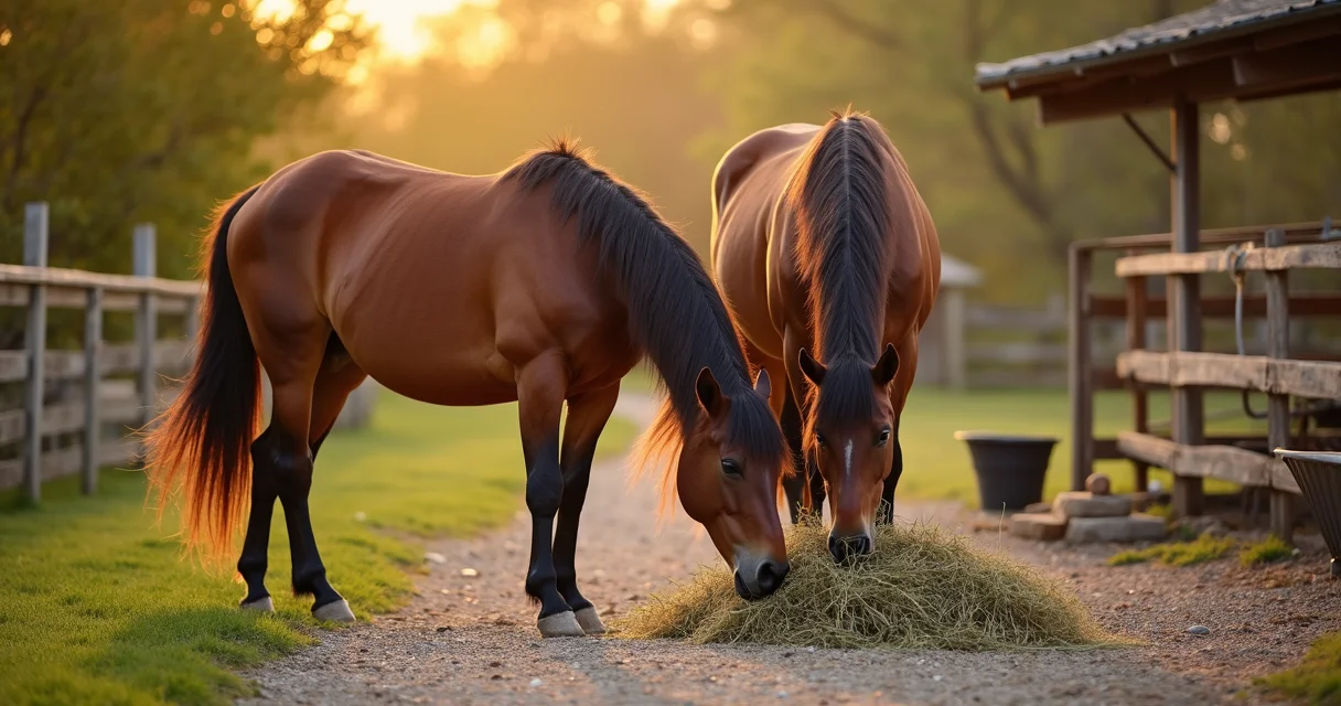 Zwei braune Pferde fressen Heu an einem kleinen Fressplatz mit Kiesweg und Holzzaun bei Sonnenlicht