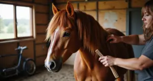 Ein Reiter bürstet die Mähne eines braunen Pferdes sanft in einem hellen Stall.