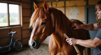 Ein Reiter bürstet die Mähne eines braunen Pferdes sanft in einem hellen Stall.
