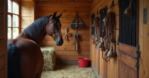 Aufgeräumter Pferdestall mit braunem Pferd, Lederhalfter, Putzzeug und Futtereimer im Sonnenlicht