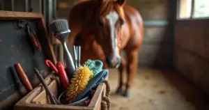 Offene Putzkiste mit Bürsten, Hufkratzer und Pferdekopf in einem hellen Stall
