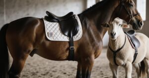 Pferd mit Sattel, daneben drei verschiedene Satteldecken aus Stoff, Pad und Lammfell in Reithalle