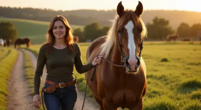 Frau führt ein braunes Pferd mit weißer Blesse über eine grüne Wiese bei Sonnenuntergang