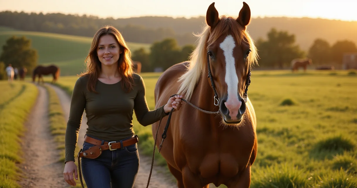 Frau führt ein braunes Pferd mit weißer Blesse über eine grüne Wiese bei Sonnenuntergang