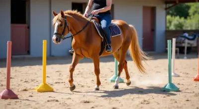 Pferd über bunte Stangen auf Sandplatz mit Reiter bei hellem Tageslicht