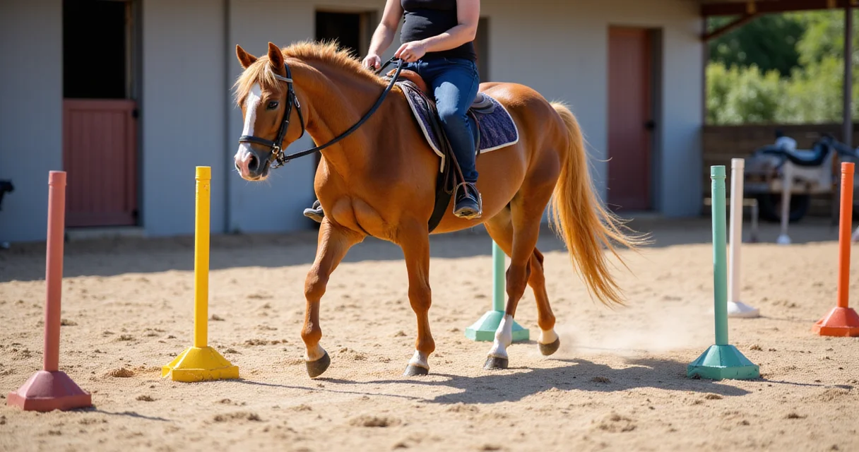 Pferd über bunte Stangen auf Sandplatz mit Reiter bei hellem Tageslicht