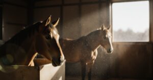 Ein Pferd liegt in einer Strohbox und schläft, während ein anderes daneben steht und döst.