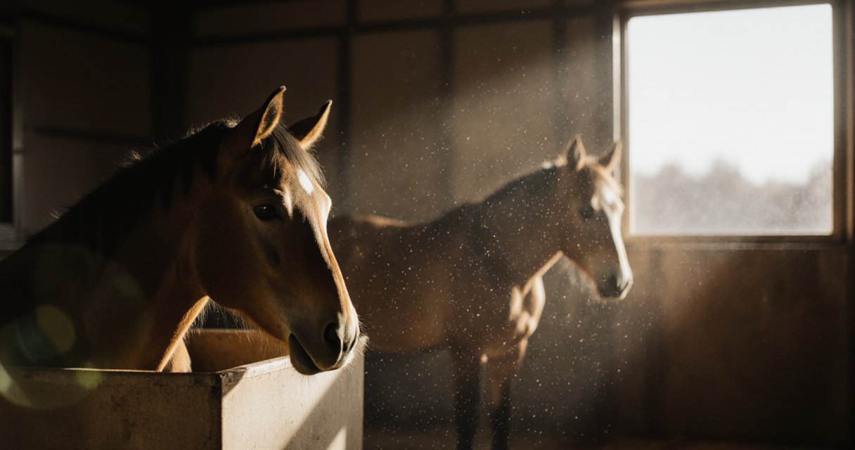 Ein Pferd liegt in einer Strohbox und schläft, während ein anderes daneben steht und döst.