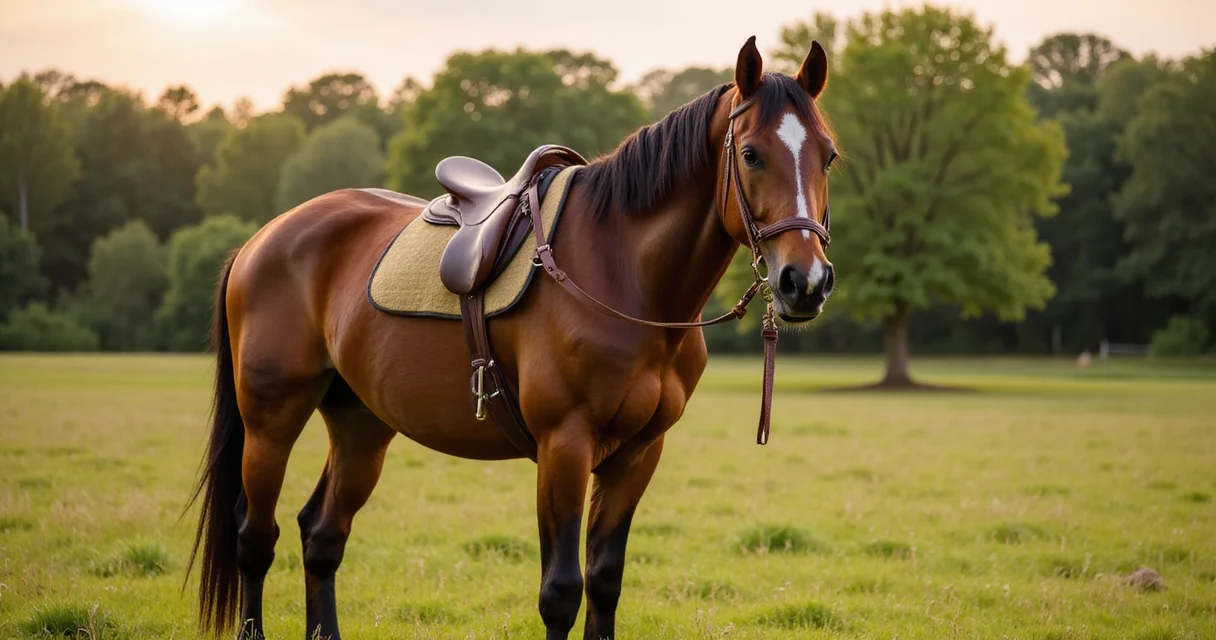 Braunes Warmblutpferd mit weißem Stern auf der Stirn auf einer grünen Weide