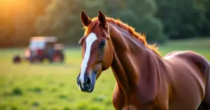 Ein englisches Vollblutpferd mit kastanienbraunem Fell steht auf einer grünen Weide im Sonnenlicht