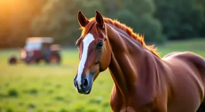 Ein englisches Vollblutpferd mit kastanienbraunem Fell steht auf einer grünen Weide im Sonnenlicht