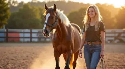 Frau führt braunes Pferd mit weißer Blesse auf sandigem Reitplatz bei Sonnenuntergang.