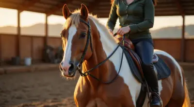 Reiterin auf braunem Pferd mit weißer Blesse in Reitarena bei Sonnenlicht