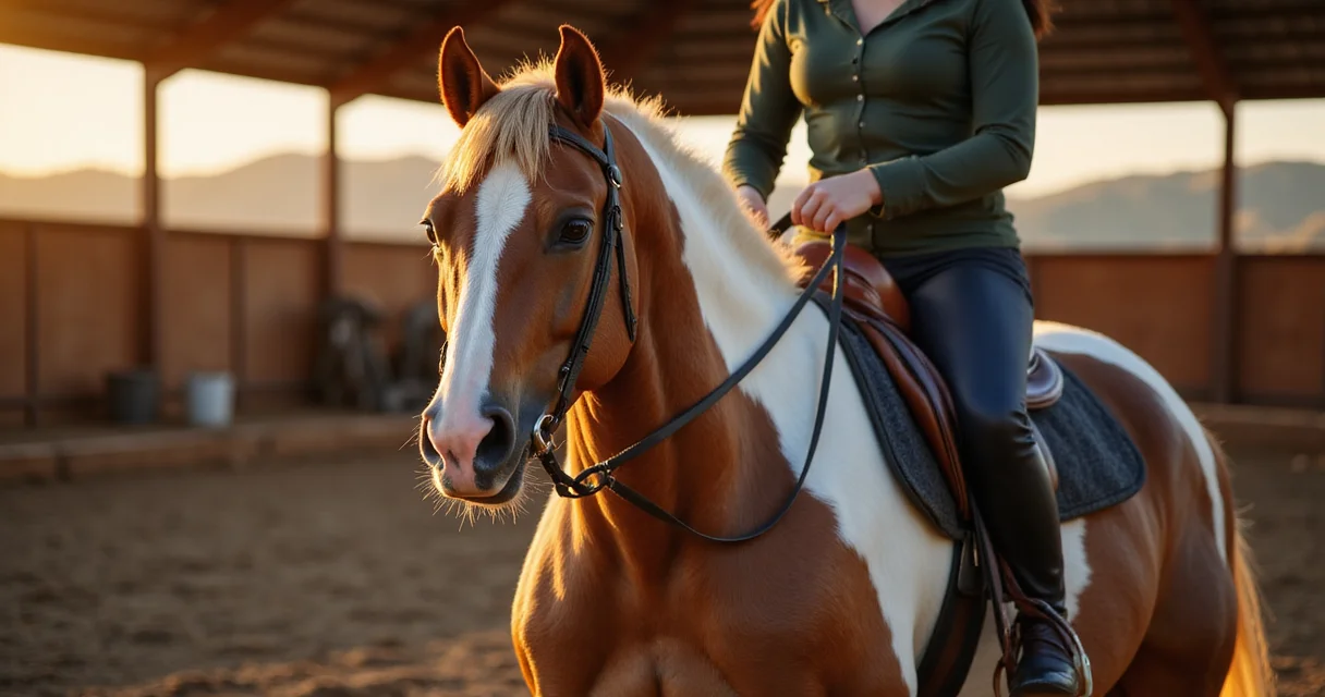 Reiterin auf braunem Pferd mit weißer Blesse in Reitarena bei Sonnenlicht